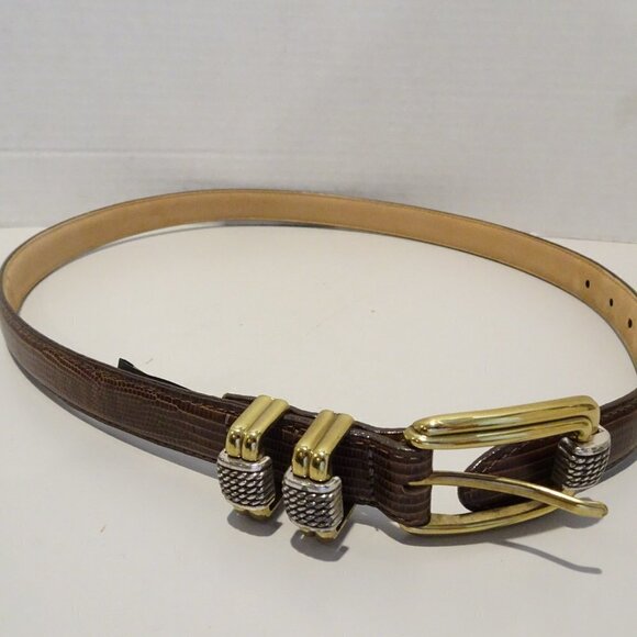 Brighton Embossed Snakeskin Leather Belt Size M 30 Brown Mixed Metal Buckle - Picture 1 of 5
